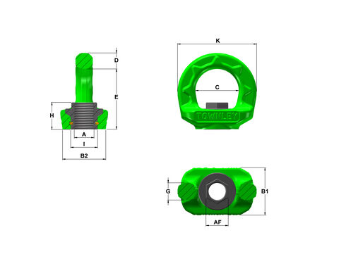 Drawing and dimensions of the Swivel Eyenut Townley, a multidirectional lifting point