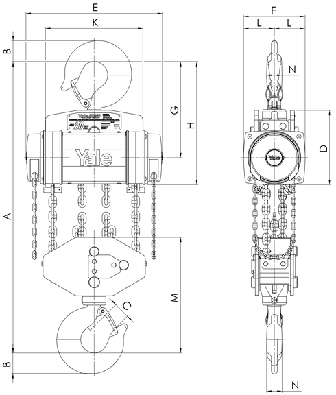 Yalelift hand chain hoist 20t specifications drawing