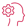 A red fine-line figure. A woman's portrait faces side on with a cog above the forehead. The image symbolises the extensive knowledge CERETX Lifting has regarding lifting solutions.