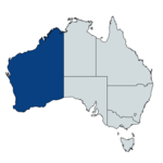 A map of Australia that has Western Australia highlighted in blue symbolises CERTEX Lifting's presence in Wangara, Bibra Lake, Kalhoorlie and Wedgefield.