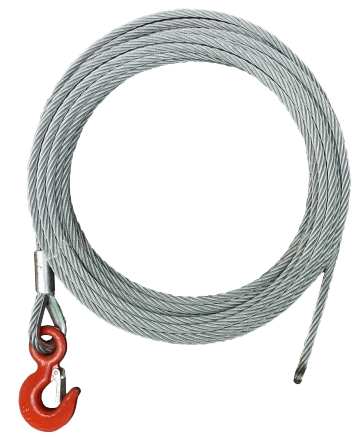 CERTEX Lifting's steel wire rope is coiled with a lifting hook attached. 