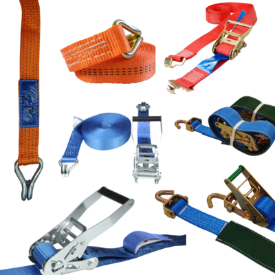 An artistic depiction of ten separate strap and webbing products. The products are orange, red, blue and green and are used to secure cargo when undertaking load restraint.